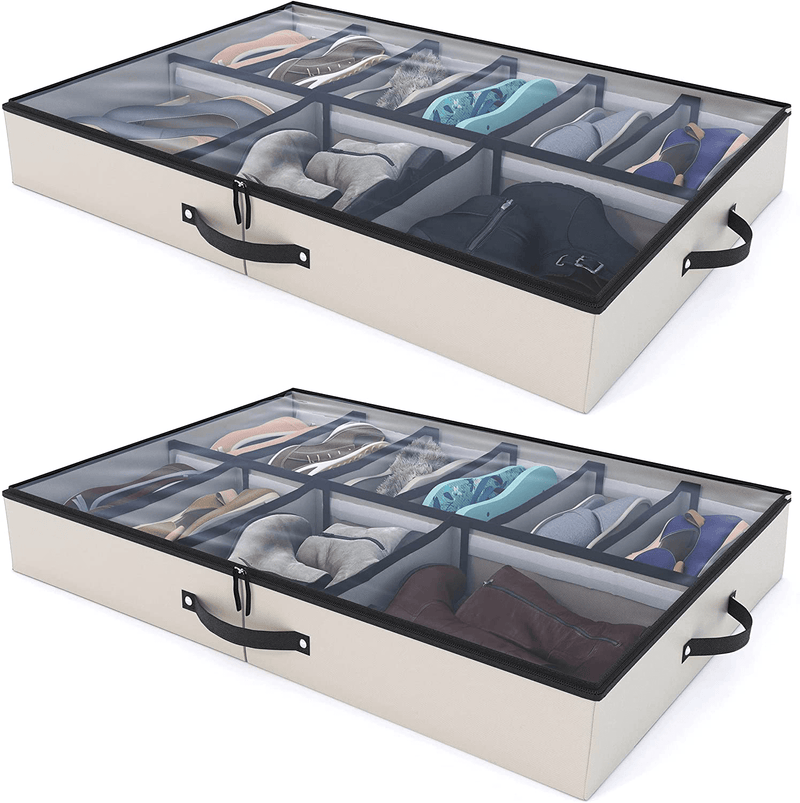 Woffit under Bed Shoe Storage Organizer - Set of 2 Large Containers, Each Fits 12 Pairs of Shoes - Sturdy Box W/ Adjustable Dividers - Underbed Shoe Storage for Kids & Adults, Gray