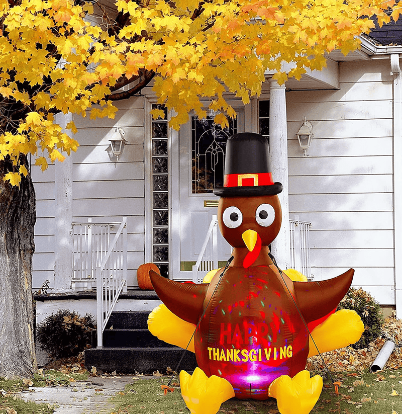 WOGOON Thanksgiving Inflatable Turkey with Pilgrim Hat, 5FT Blow Up Happy Thanksgiving Inflatable Outdoor Lawn Yard Decoration, Rotating LED Lighted Turkey Autumn Decor for Home Outside Garden