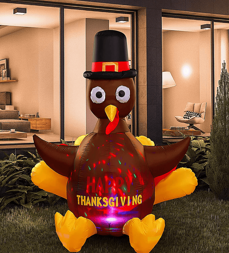 WOGOON Thanksgiving Inflatable Turkey with Pilgrim Hat, 5FT Blow Up Happy Thanksgiving Inflatable Outdoor Lawn Yard Decoration, Rotating LED Lighted Turkey Autumn Decor for Home Outside Garden