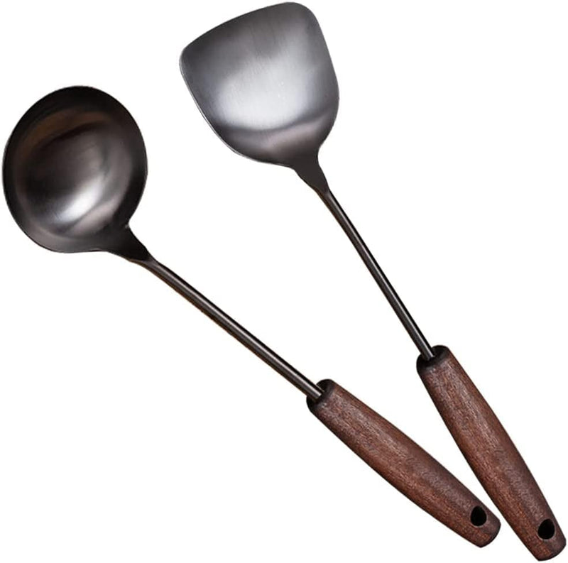 Wok Spatula and Ladle Tools Set - Vintage Wok Spatula Stainless Steel - 14.8-15 Inch Wok Cooking Utensils Set with Heat Resistant Wooden Handle - Solid Wok Accessories Home & Garden > Kitchen & Dining > Kitchen Tools & Utensils Marte Spatula Ladle Set Vintage 