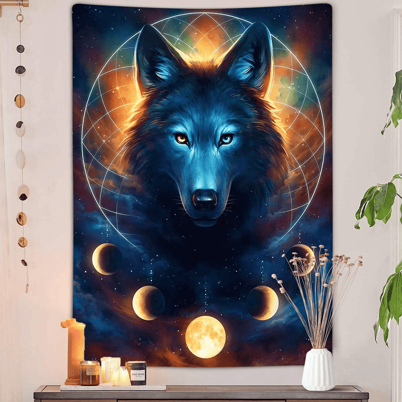 Wolf Moon Tapestry, Fantasy Animal Dreamcatcher Cool Galaxy Tapestry Wall Hanging for Men Girls Bedroom, Aesthetic Hippie Tapestries Poster Blanket College Dorm Home Decor 60X40 Inches Home & Garden > Decor > Artwork > Decorative Tapestries DYNH 40W X 60H  