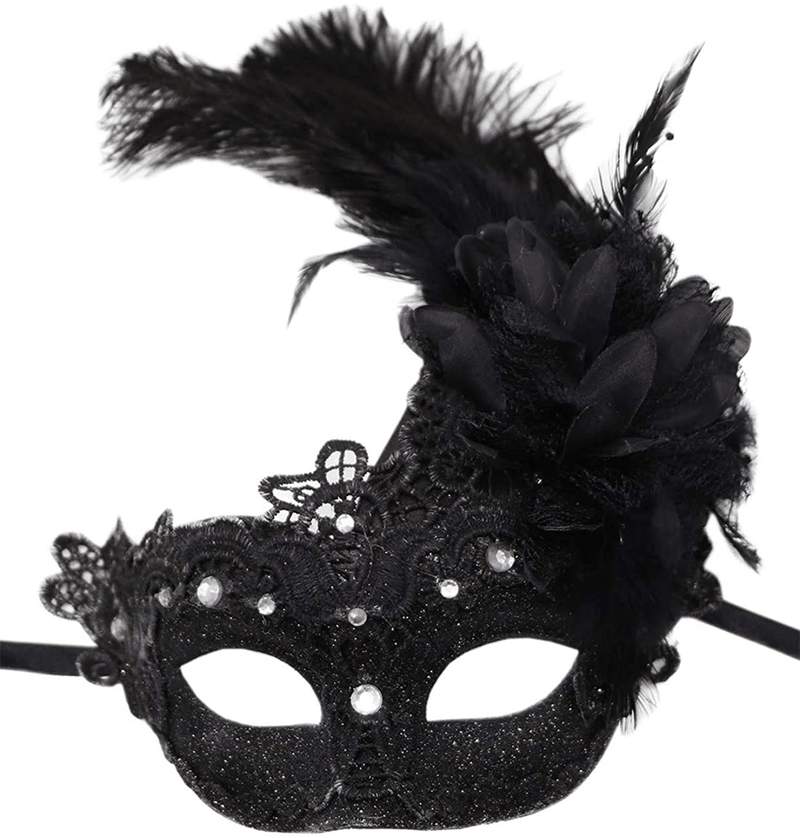 Women's Feather Masquerade Mask Venetian Halloween Mardi Gras Costumes Party Ball Prom Mask Apparel & Accessories > Costumes & Accessories > Masks Antjoint Black (Barcode Lace With Rhinestone)  