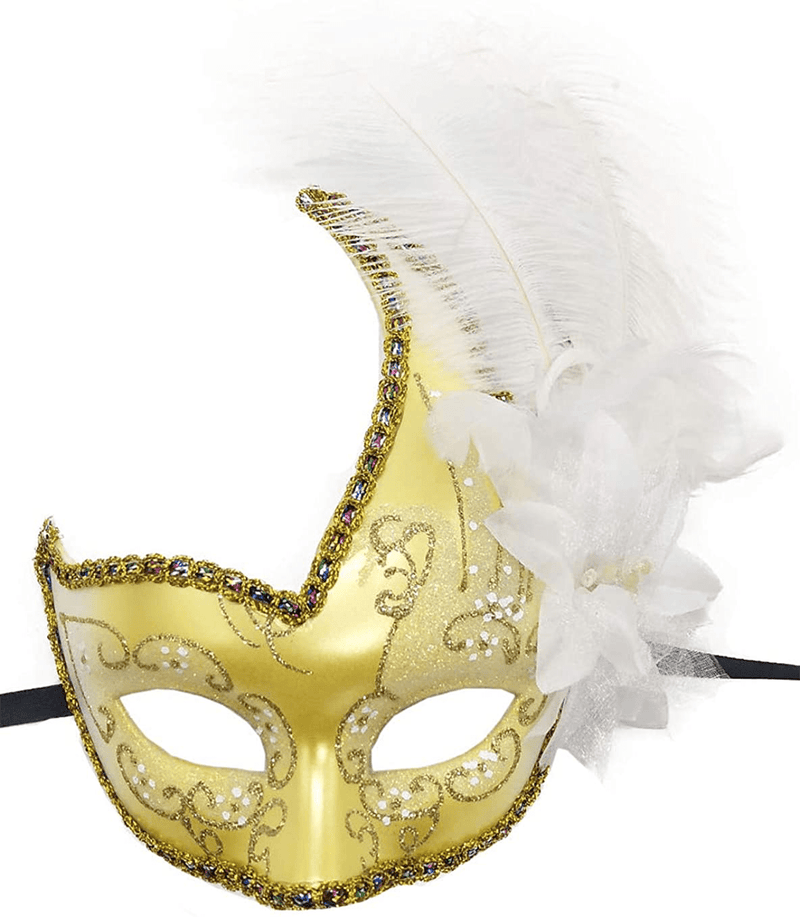 Women's Feather Masquerade Mask Venetian Halloween Mardi Gras Costumes Party Ball Prom Mask Apparel & Accessories > Costumes & Accessories > Masks Antjoint Za Gold White  