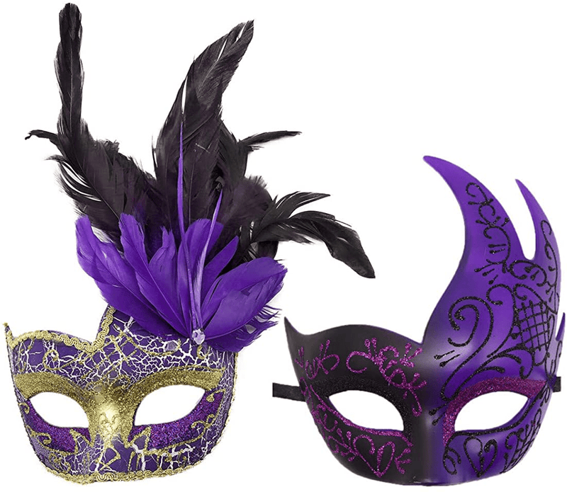 Women's Feather Masquerade Mask Venetian Halloween Mardi Gras Costumes Party Ball Prom Mask Apparel & Accessories > Costumes & Accessories > Masks Antjoint Couple a Purple  