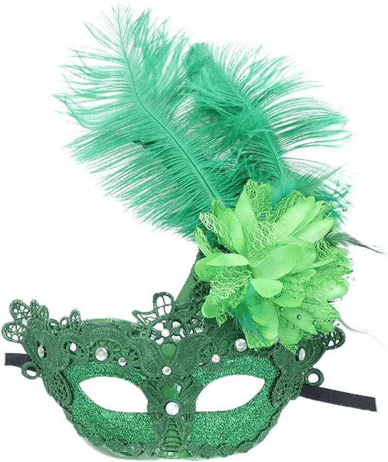 Women's Feather Masquerade Mask Venetian Halloween Mardi Gras Costumes Party Ball Prom Mask Apparel & Accessories > Costumes & Accessories > Masks Antjoint Green(barcode Lace With Rhinestone)  