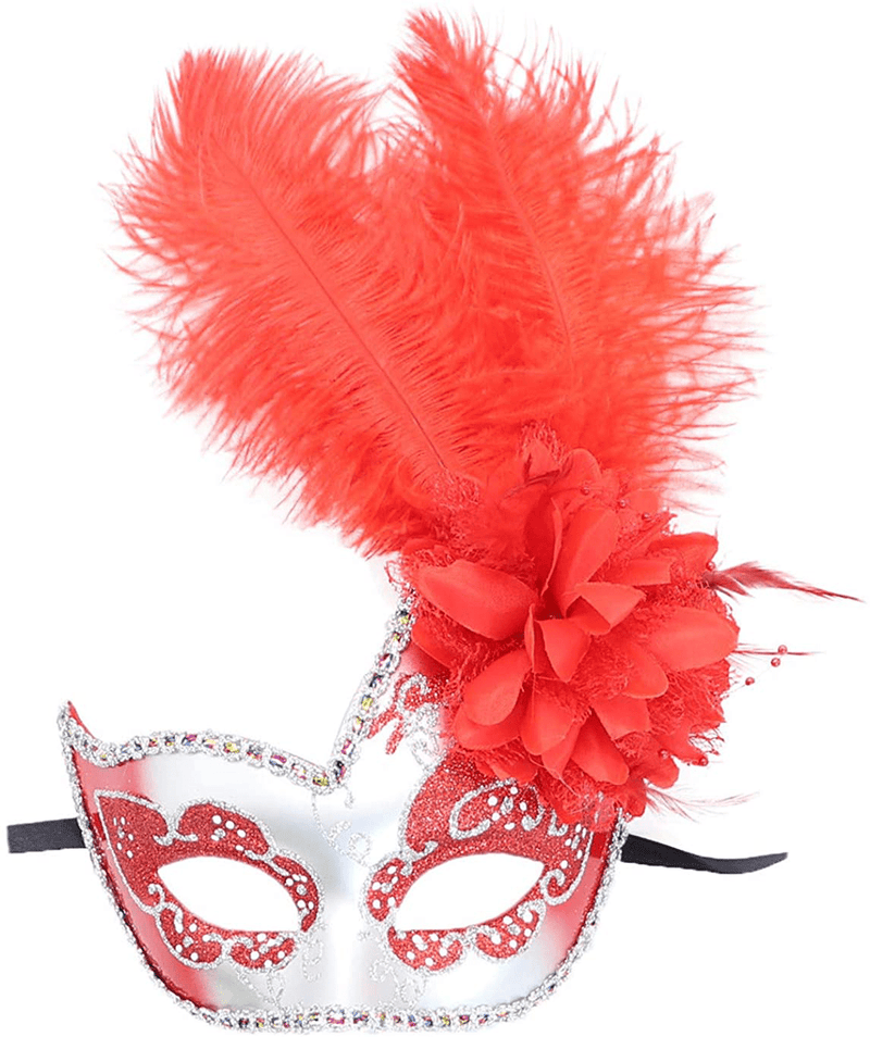 Women's Feather Masquerade Mask Venetian Halloween Mardi Gras Costumes Party Ball Prom Mask Apparel & Accessories > Costumes & Accessories > Masks Antjoint Za Silver Red  