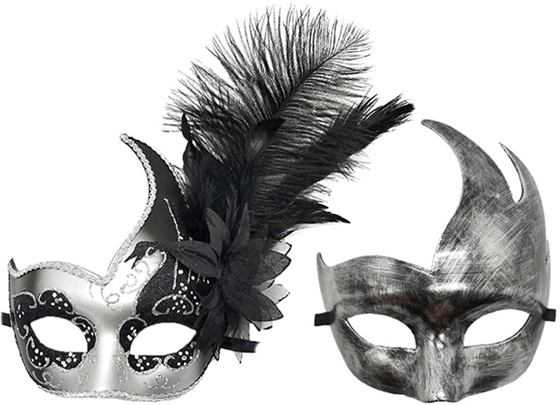 Women's Feather Masquerade Mask Venetian Halloween Mardi Gras Costumes Party Ball Prom Mask Apparel & Accessories > Costumes & Accessories > Masks Antjoint Couple Silver Black  