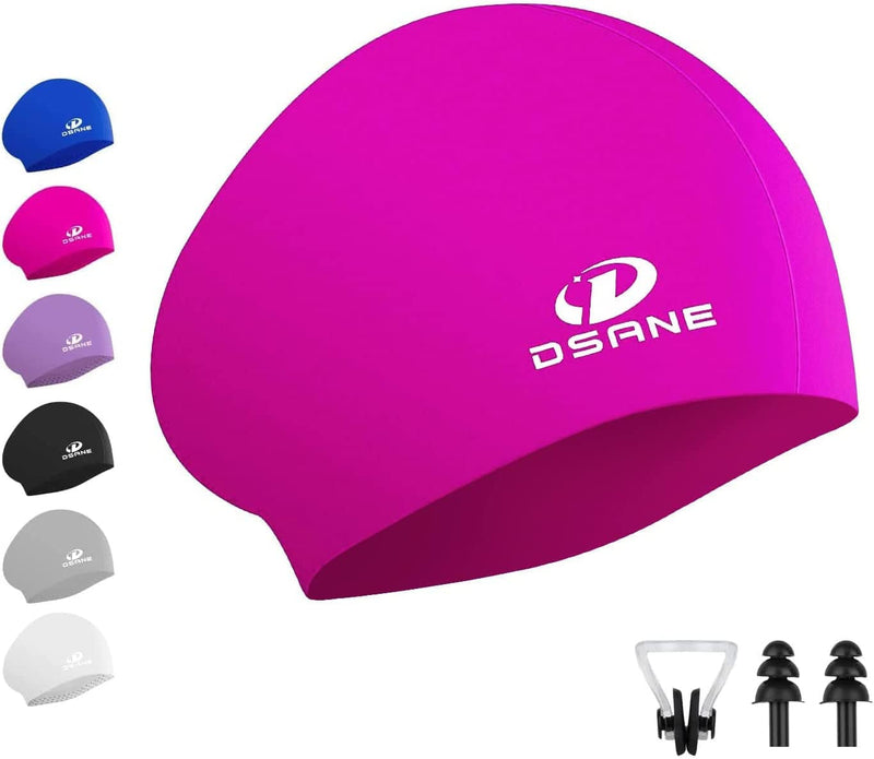 Womens Silicone Swim Cap for Long Hair,3D Ergonomic Design Silicone Swimming Caps for Women Kids Men Adults Boys Girls with Ear Plug and Nose Clip Sporting Goods > Outdoor Recreation > Boating & Water Sports > Swimming > Swim Caps Dsane fuchsia 1 Pack 