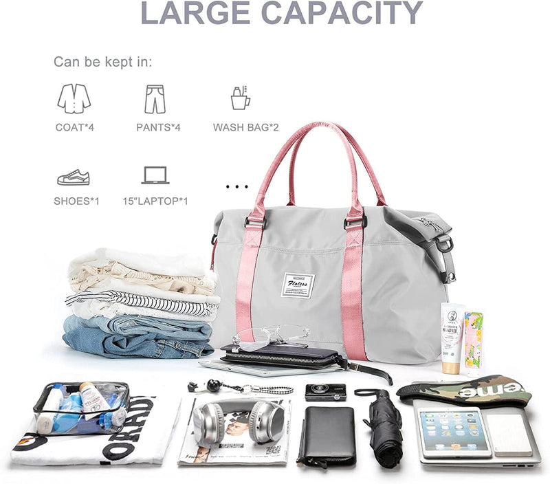 Womens Travel Bags, Weekender Carry on for Women, Sports Gym Bag, Workout Duffel Bag, Overnight Shoulder Bag Fit 15.6 Inch Laptop (Large, Gray&Pink)