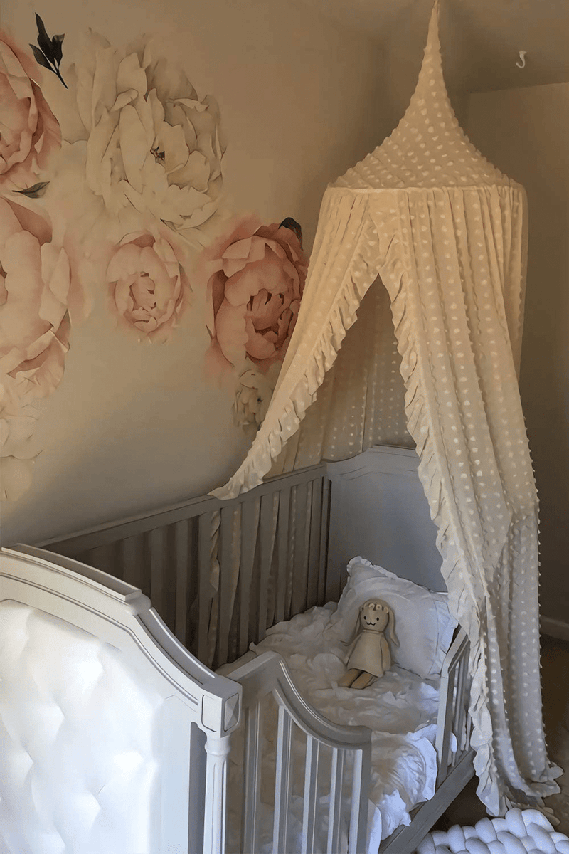 Wonder Space Elegant Kids Bed Canopy - Lace Chiffon Netting with Pom Pom, Princess Girls Fairy Dream Tent, Nursery Room Baby Crib Hanging Curtain Mosquito Net Children Reading Nook Decoration, Beige Sporting Goods > Outdoor Recreation > Camping & Hiking > Mosquito Nets & Insect Screens Wonder Space   