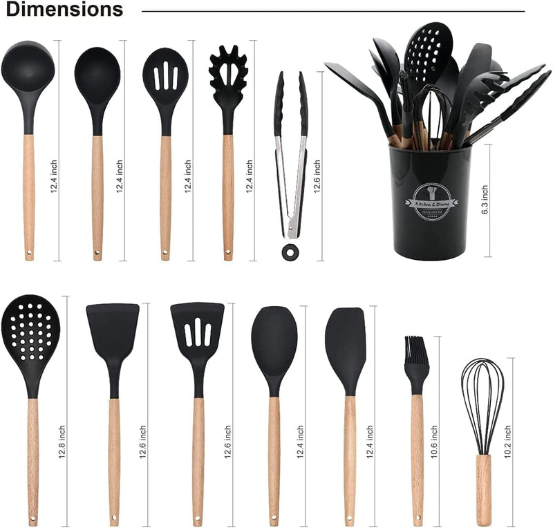 WONDERFUL Kitchen Utensil Set, 13 Pcs with Wooden Handle & Cooking Utensil Holder for ALL Cooking Pans, Heat Resistant to 446F, Nonstick Silicone, Bpa-Free, Kitchen Tools, Kitchen Gadgets (Black)