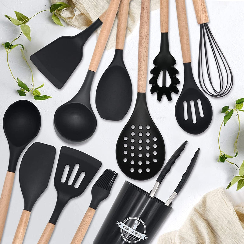 WONDERFUL Kitchen Utensil Set, 13 Pcs with Wooden Handle & Cooking Utensil Holder for ALL Cooking Pans, Heat Resistant to 446F, Nonstick Silicone, Bpa-Free, Kitchen Tools, Kitchen Gadgets (Black)
