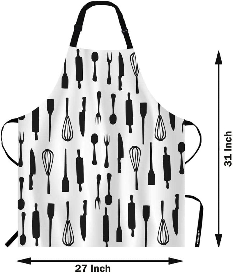 WONDERTIFY Kitchen Tools Pattern Apron,Black Cafe Chef Fork Knife Spoon Bib Apron with Adjustable Neck for Men Women,Suitable for Home Kitchen Cooking Waitress Chef Grill Bistro Baking BBQ Apron