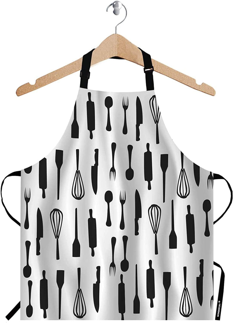 WONDERTIFY Kitchen Tools Pattern Apron,Black Cafe Chef Fork Knife Spoon Bib Apron with Adjustable Neck for Men Women,Suitable for Home Kitchen Cooking Waitress Chef Grill Bistro Baking BBQ Apron Home & Garden > Kitchen & Dining > Kitchen Tools & Utensils WONDERTIFY Multi Ra103  
