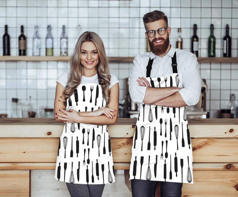 WONDERTIFY Kitchen Tools Pattern Apron,Black Cafe Chef Fork Knife Spoon Bib Apron with Adjustable Neck for Men Women,Suitable for Home Kitchen Cooking Waitress Chef Grill Bistro Baking BBQ Apron Home & Garden > Kitchen & Dining > Kitchen Tools & Utensils WONDERTIFY   