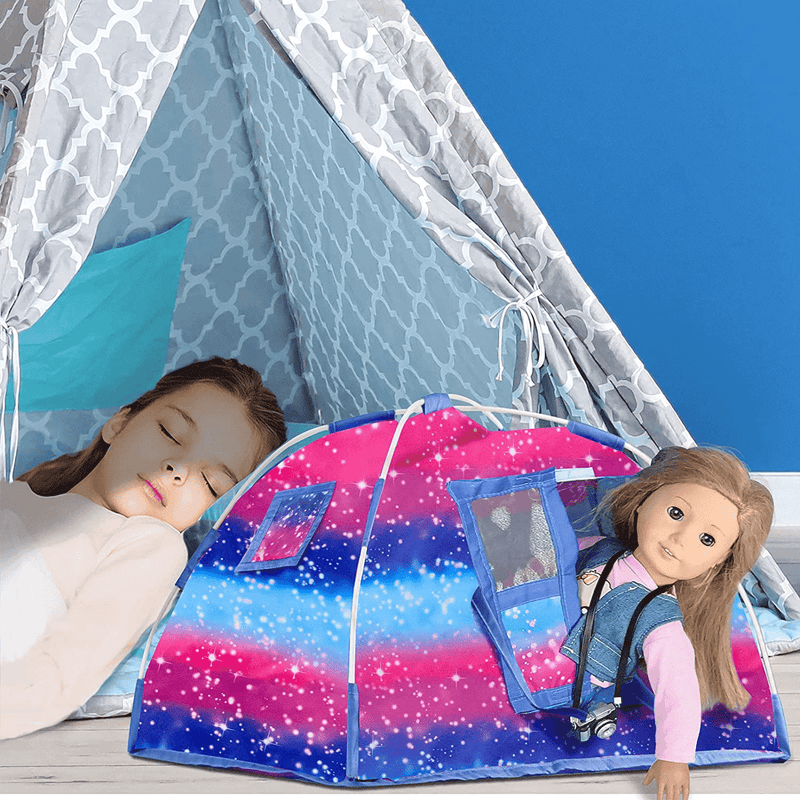 WONDOLL [Improved Version 18-Inch-Doll-Clothes and Camping-Tent-Set Doll Accessories - Including Doll Tent Sleeping Bag, Clothes Shoes, Camera Eye Glasses, Toy Dog & Doghouse Doll Furniture Sporting Goods > Outdoor Recreation > Camping & Hiking > Tent Accessories WONDOLL   