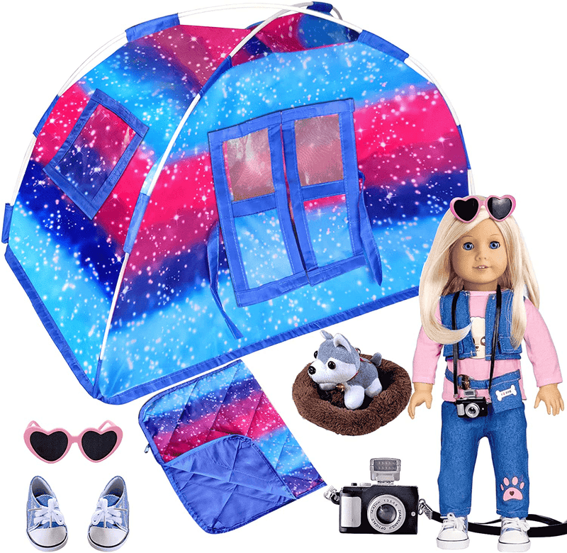 WONDOLL [Improved Version 18-Inch-Doll-Clothes and Camping-Tent-Set Doll Accessories - Including Doll Tent Sleeping Bag, Clothes Shoes, Camera Eye Glasses, Toy Dog & Doghouse Doll Furniture Sporting Goods > Outdoor Recreation > Camping & Hiking > Tent Accessories WONDOLL   