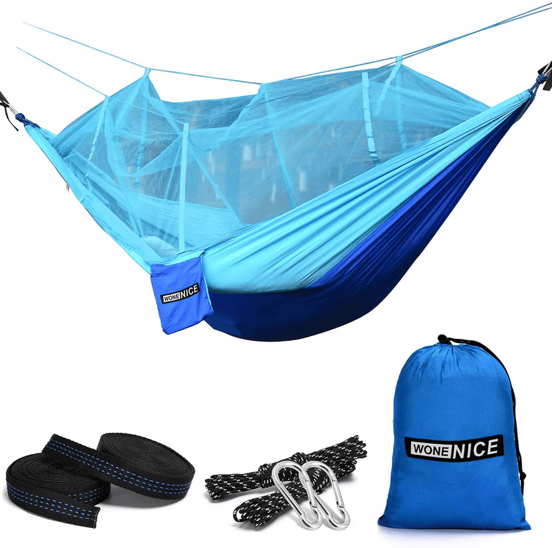Wonenice Hammock with Mosquito Net, Portable Lightweight Nylon Parachute Multifunctional Hammock with Net and Tree Straps for Camping, Backpacking, Travel, Beach, Yard. (Red/Charcoal) Sporting Goods > Outdoor Recreation > Camping & Hiking > Mosquito Nets & Insect Screens WoneNice Blue/Sky Blue  