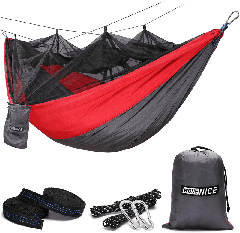 Wonenice Hammock with Mosquito Net, Portable Lightweight Nylon Parachute Multifunctional Hammock with Net and Tree Straps for Camping, Backpacking, Travel, Beach, Yard. (Red/Charcoal)