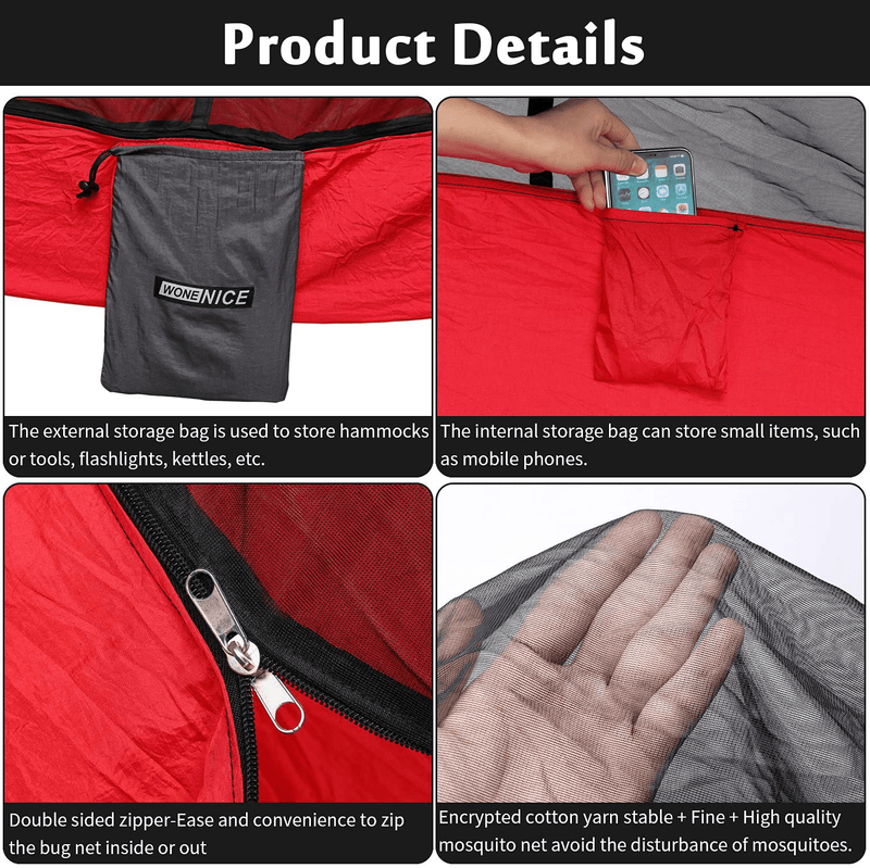 Wonenice Hammock with Mosquito Net, Portable Lightweight Nylon Parachute Multifunctional Hammock with Net and Tree Straps for Camping, Backpacking, Travel, Beach, Yard. (Red/Charcoal)