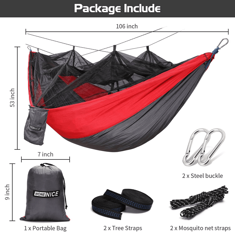 Wonenice Hammock with Mosquito Net, Portable Lightweight Nylon Parachute Multifunctional Hammock with Net and Tree Straps for Camping, Backpacking, Travel, Beach, Yard. (Red/Charcoal) Sporting Goods > Outdoor Recreation > Camping & Hiking > Mosquito Nets & Insect Screens WoneNice   