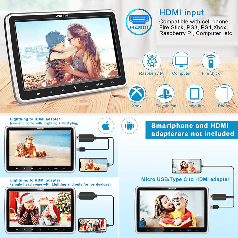 WONNIE 10.5’’ Car DVD Player with Headrest Mount, HDMI Input, 1080P Video Support, Headphone, AV in / Out, USB /SD, Regions Free, Last Memory