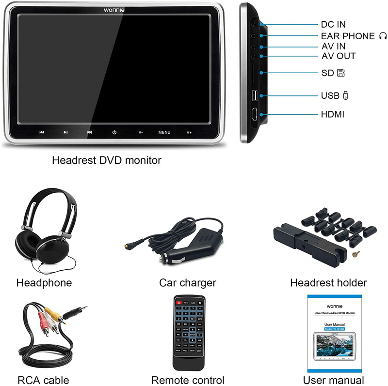 WONNIE 10.5’’ Car DVD Player with Headrest Mount, HDMI Input, 1080P Video Support, Headphone, AV in / Out, USB /SD, Regions Free, Last Memory Vehicles & Parts > Vehicle Parts & Accessories > Motor Vehicle Electronics WONNIE   