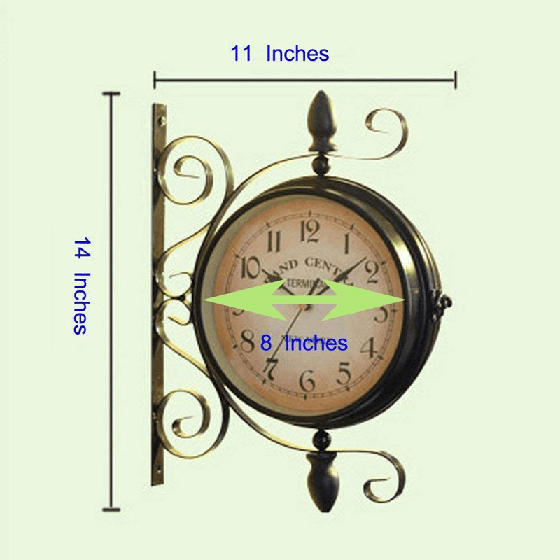 WOOCH Wrought Iron Antique-Look Brown Round Wall Hanging Double Sided Two Faces Retro Station Clock Round Chandelier Wall Hanging Clock with Scroll Wall Side Mount Home Décor Wall Clock 8-inch Home & Garden > Decor > Clocks > Wall Clocks WOOCH   