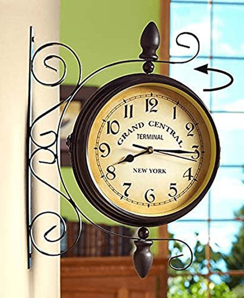 WOOCH Wrought Iron Antique-Look Brown Round Wall Hanging Double Sided Two Faces Retro Station Clock Round Chandelier Wall Hanging Clock with Scroll Wall Side Mount Home Décor Wall Clock 8-inch Home & Garden > Decor > Clocks > Wall Clocks WOOCH   