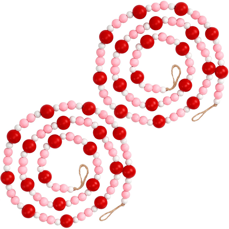 Wood Bead Garlands Christmas Valentine'S Day Bead Garlands Farmhouse Rustic Country 10.8 Feet Boho Beads Decoration (Red, Pink and White)