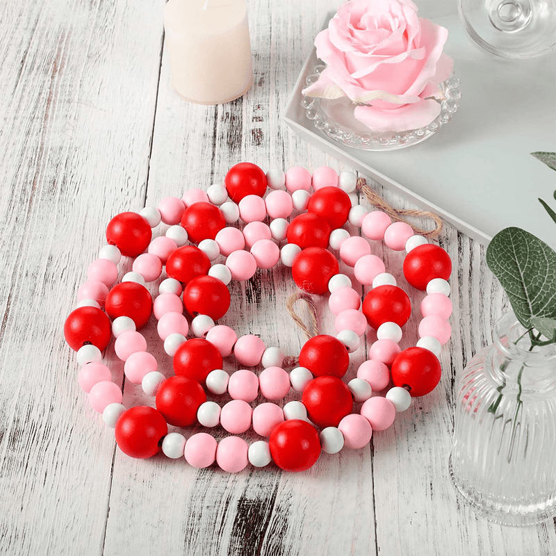 Wood Bead Garlands Christmas Valentine'S Day Bead Garlands Farmhouse Rustic Country 10.8 Feet Boho Beads Decoration (Red, Pink and White)