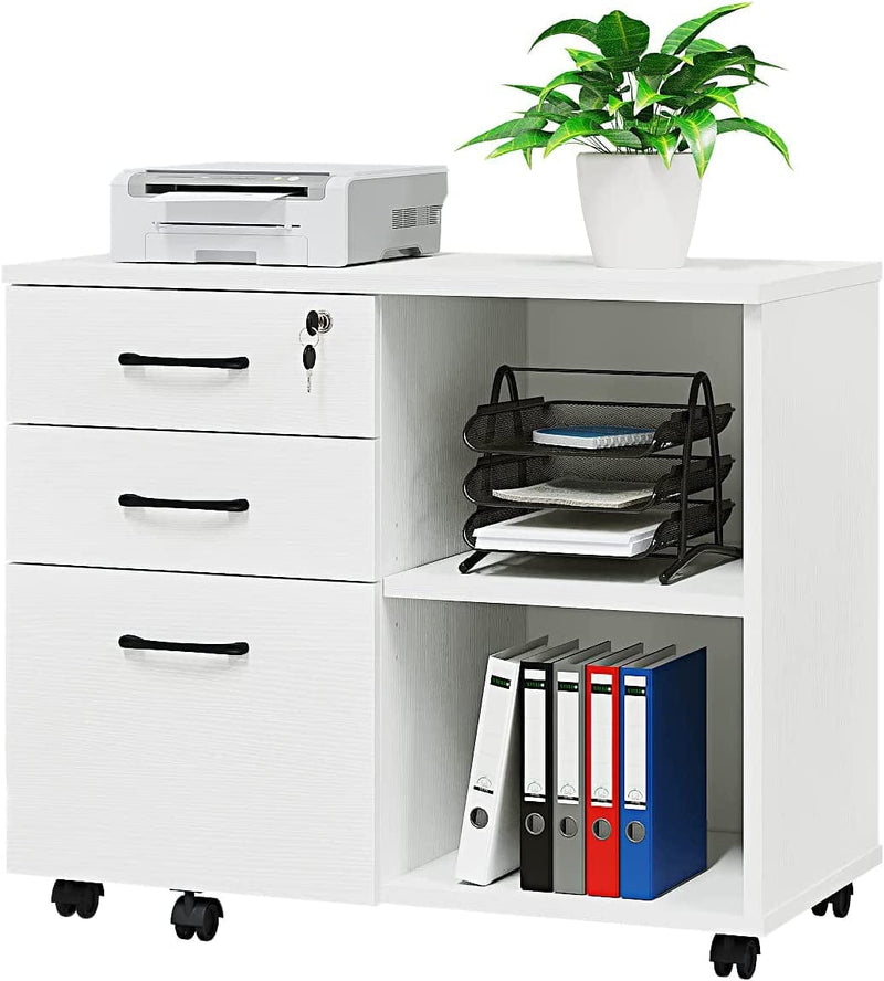 Wood File Cabinet, 3 Drawer Mobile Lateral Filing Cabinet on Wheels, Printer Stand with Open Storage Shelves for Home Office(White) Home & Garden > Household Supplies > Storage & Organization Panana White  