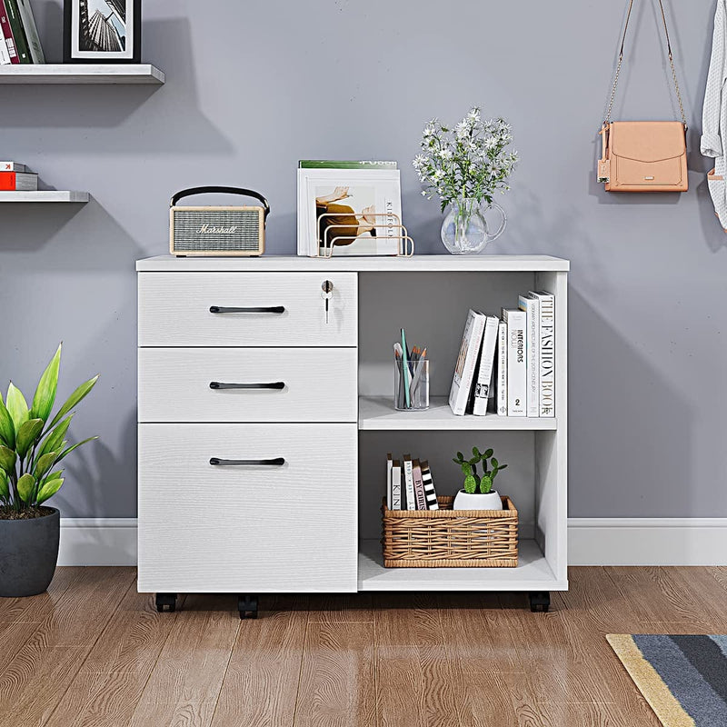 Wood File Cabinet, 3 Drawer Mobile Lateral Filing Cabinet on Wheels, Printer Stand with Open Storage Shelves for Home Office(White) Home & Garden > Household Supplies > Storage & Organization Panana   