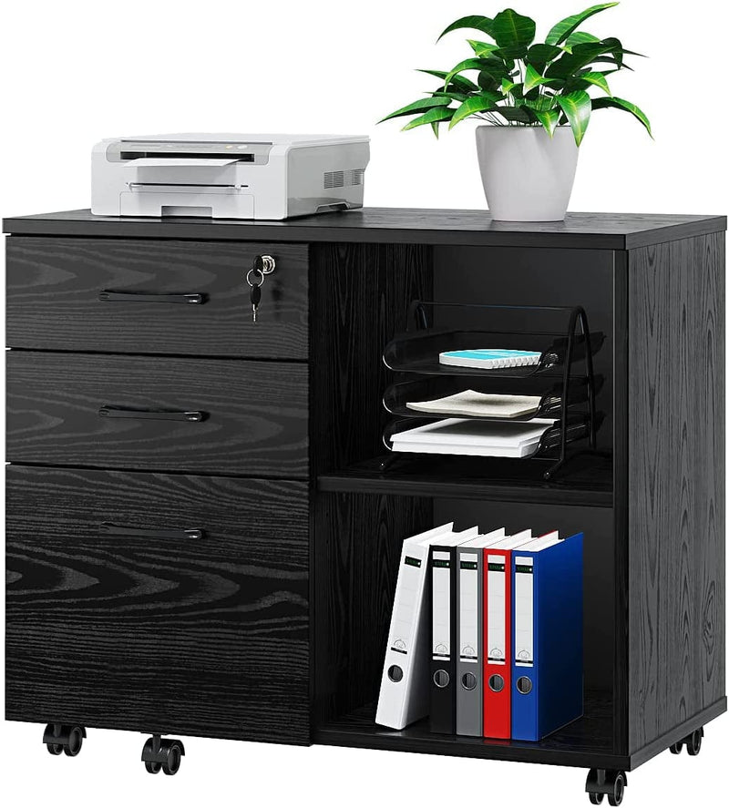 Wood File Cabinet, 3 Drawer Mobile Lateral Filing Cabinet on Wheels, Printer Stand with Open Storage Shelves for Home Office(White) Home & Garden > Household Supplies > Storage & Organization Panana Black 2  