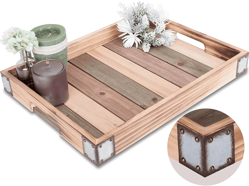 Wood Rustic Decorative Serving Tray with Rustic Metal Corner, Farmhouse Decorative Coffee Table Tray, Rectangular Ottoman Tray, Bar Serving Tray for Kitchen/Living Room/Coffee Bar Decor, 17x13 Inches