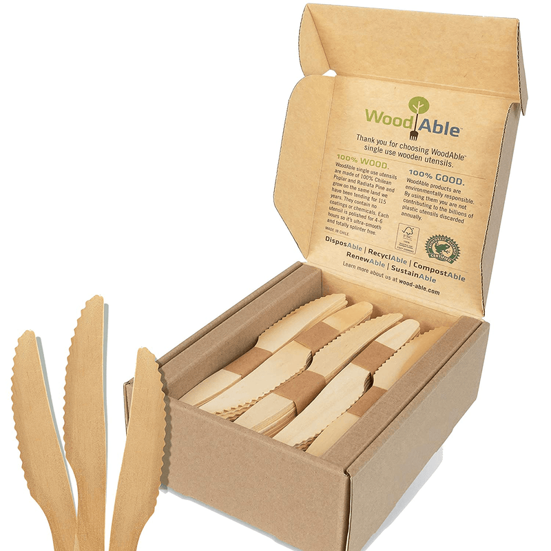 WoodAble - Disposable Wooden Cutlery | Self - Dispensing 4 Pack | Efficient Storage Box | 12x Forks 6X Knifes 6X Spoons (24 Pieces) Per Pack | 96 Pieces Total | FSC Certified - Eco Biodegradable Home & Garden > Kitchen & Dining > Tableware > Flatware > Flatware Sets WOODABLE 100 Knives  