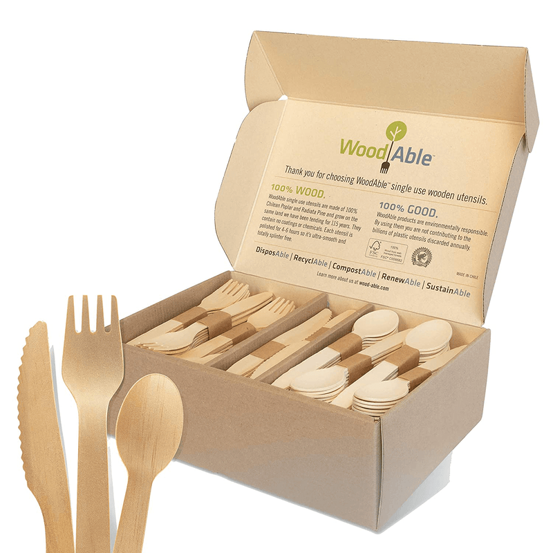 WoodAble - Disposable Wooden Cutlery | Self - Dispensing 4 Pack | Efficient Storage Box | 12x Forks 6X Knifes 6X Spoons (24 Pieces) Per Pack | 96 Pieces Total | FSC Certified - Eco Biodegradable Home & Garden > Kitchen & Dining > Tableware > Flatware > Flatware Sets WOODABLE 300 Mix (120 Forks, 120 Spoons, 80 Knives)  