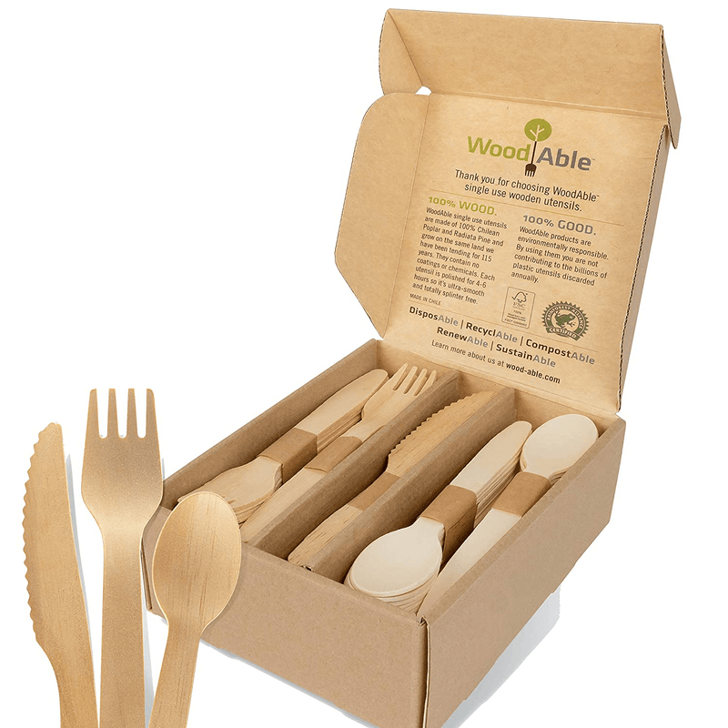 WoodAble - Disposable Wooden Cutlery | Self - Dispensing 4 Pack | Efficient Storage Box | 12x Forks 6X Knifes 6X Spoons (24 Pieces) Per Pack | 96 Pieces Total | FSC Certified - Eco Biodegradable Home & Garden > Kitchen & Dining > Tableware > Flatware > Flatware Sets WOODABLE 100 Mix (40 Forks, 40 Spoons, 20 Knives)  
