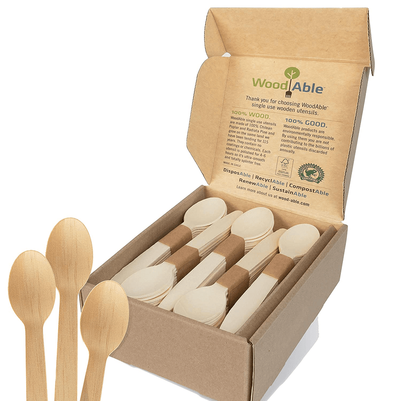 WoodAble - Disposable Wooden Cutlery | Self - Dispensing 4 Pack | Efficient Storage Box | 12x Forks 6X Knifes 6X Spoons (24 Pieces) Per Pack | 96 Pieces Total | FSC Certified - Eco Biodegradable Home & Garden > Kitchen & Dining > Tableware > Flatware > Flatware Sets WOODABLE 100 Spoons  