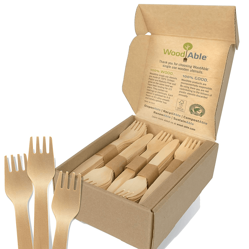 WoodAble - Disposable Wooden Cutlery | Self - Dispensing 4 Pack | Efficient Storage Box | 12x Forks 6X Knifes 6X Spoons (24 Pieces) Per Pack | 96 Pieces Total | FSC Certified - Eco Biodegradable Home & Garden > Kitchen & Dining > Tableware > Flatware > Flatware Sets WOODABLE 100 Forks  