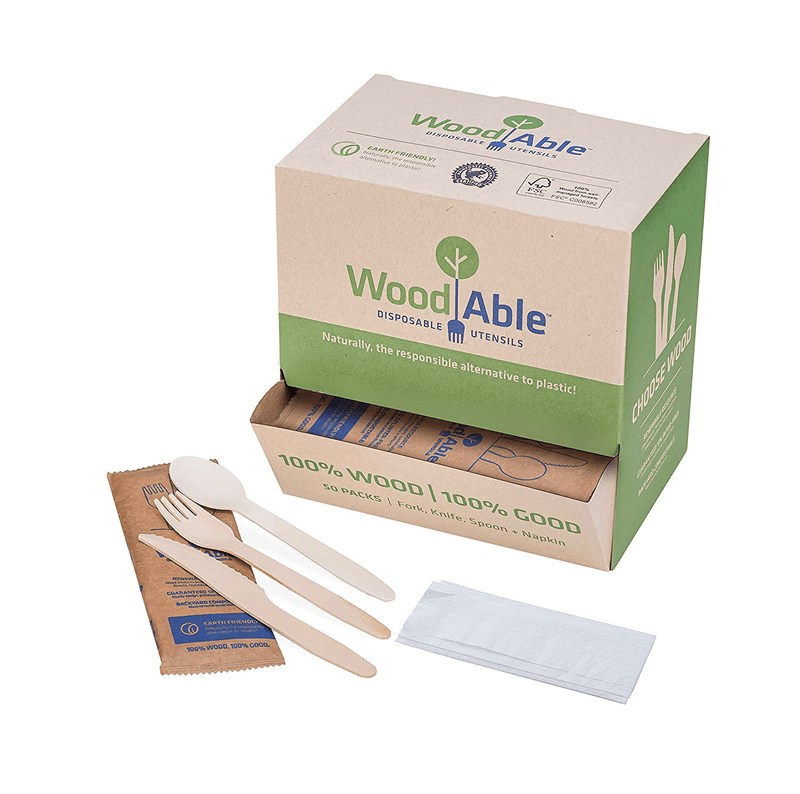 WoodAble - Disposable Wooden Cutlery | Self - Dispensing 4 Pack | Efficient Storage Box | 12x Forks 6X Knifes 6X Spoons (24 Pieces) Per Pack | 96 Pieces Total | FSC Certified - Eco Biodegradable Home & Garden > Kitchen & Dining > Tableware > Flatware > Flatware Sets WOODABLE 50 Pack (Dispenser)  