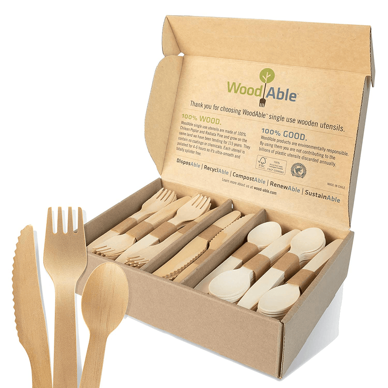 WoodAble - Disposable Wooden Cutlery | Self - Dispensing 4 Pack | Efficient Storage Box | 12x Forks 6X Knifes 6X Spoons (24 Pieces) Per Pack | 96 Pieces Total | FSC Certified - Eco Biodegradable Home & Garden > Kitchen & Dining > Tableware > Flatware > Flatware Sets WOODABLE 200 Mix (80 Forks, 80 Spoons, 40 Knives)  