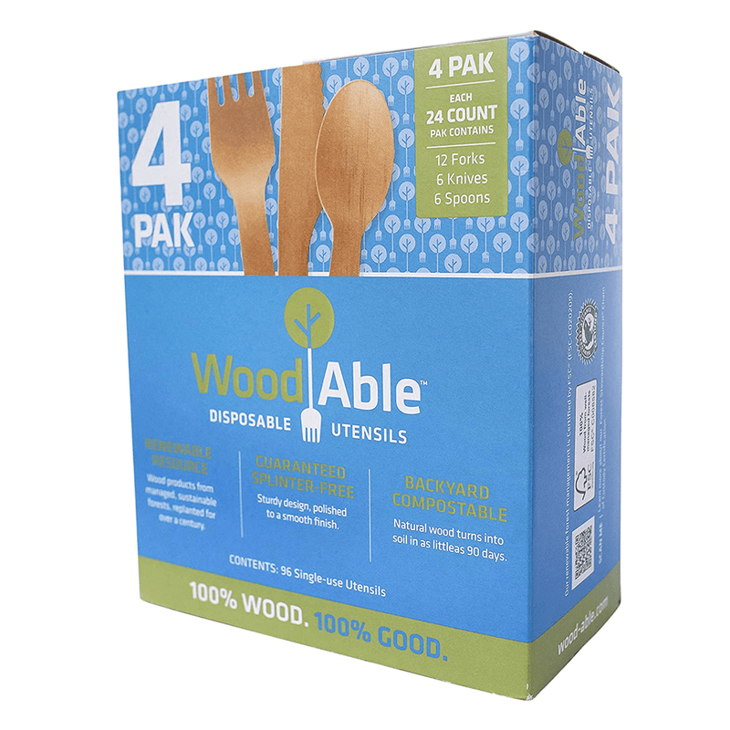 WoodAble - Disposable Wooden Cutlery | Self - Dispensing 4 Pack | Efficient Storage Box | 12x Forks 6X Knifes 6X Spoons (24 Pieces) Per Pack | 96 Pieces Total | FSC Certified - Eco Biodegradable Home & Garden > Kitchen & Dining > Tableware > Flatware > Flatware Sets WOODABLE   