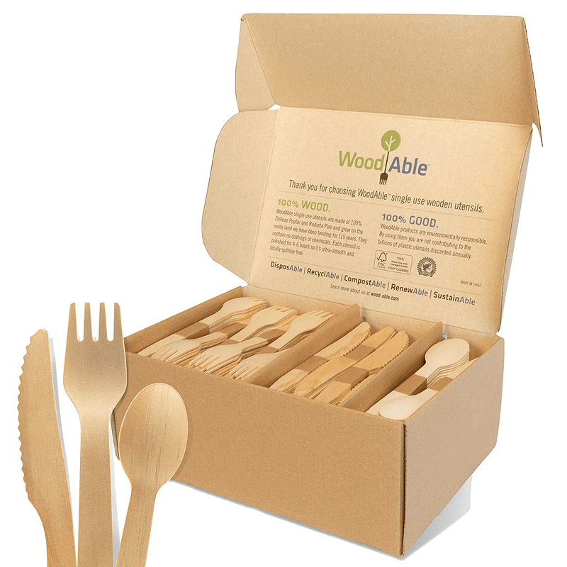 WoodAble - Disposable Wooden Cutlery | Self - Dispensing 4 Pack | Efficient Storage Box | 12x Forks 6X Knifes 6X Spoons (24 Pieces) Per Pack | 96 Pieces Total | FSC Certified - Eco Biodegradable Home & Garden > Kitchen & Dining > Tableware > Flatware > Flatware Sets WOODABLE 480 Mix (240 Forks, 160 Knives, 80 Spoons)  