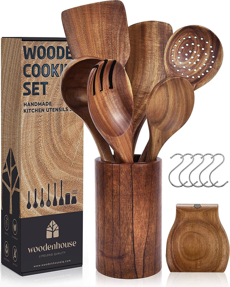 Wooden Cooking Utensils Set with Holder & Spoon Rest, Wood Spoons and Spatula for Cooking – 8Pc Kitchen Cookware with Hanging Hooks, Non-Stick Natural Teak Wood Home & Garden > Kitchen & Dining > Kitchen Tools & Utensils WOODENHOUSE LIFELONG QUALITY   