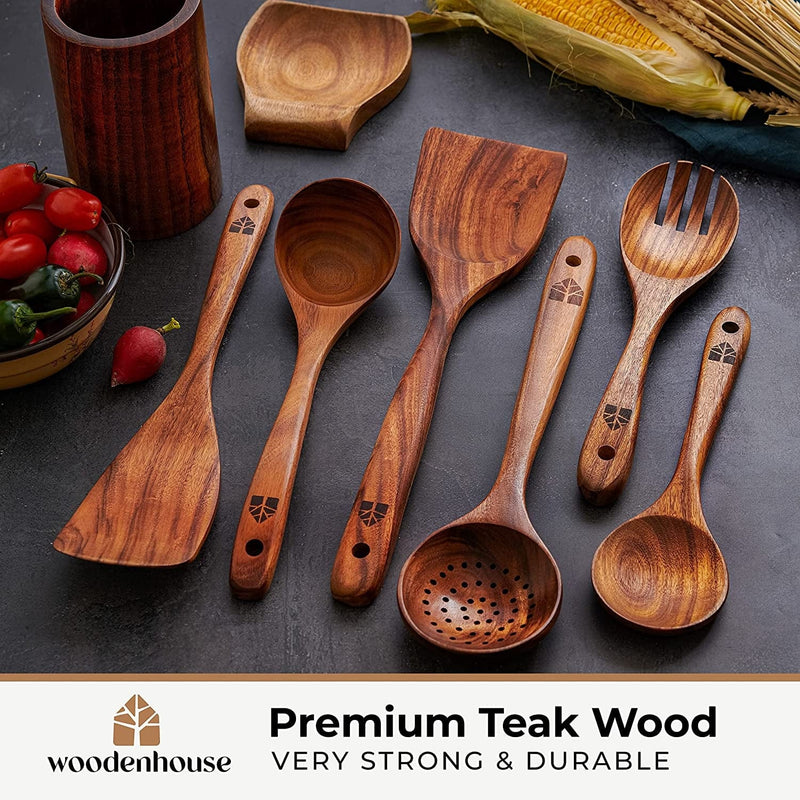 Wooden Cooking Utensils Set with Holder & Spoon Rest, Wood Spoons and Spatula for Cooking – 8Pc Kitchen Cookware with Hanging Hooks, Non-Stick Natural Teak Wood Home & Garden > Kitchen & Dining > Kitchen Tools & Utensils WOODENHOUSE LIFELONG QUALITY   