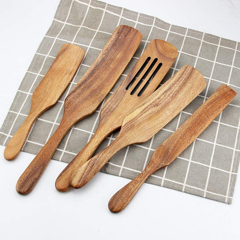Wooden Cooking Utensils, Wooden Spatulas Set as Seen on TV, AOOSY 5 Pcs Natural Acacia Wood Spurtle Kitchen Tools Utensil Set Heat Resistant Non Stick Wood Cookware, Slotted Spatula for Stirring