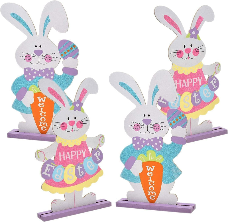 Wooden Easter Bunny Table Decorations 4 Pack Decorative Bunnies Rabbit Tabletop Party Centerpiece Signs Wood Holiday Spring Eggs Shelf Topper for Home Kitchen Office Mantle Outdoor Patio Yard Decor