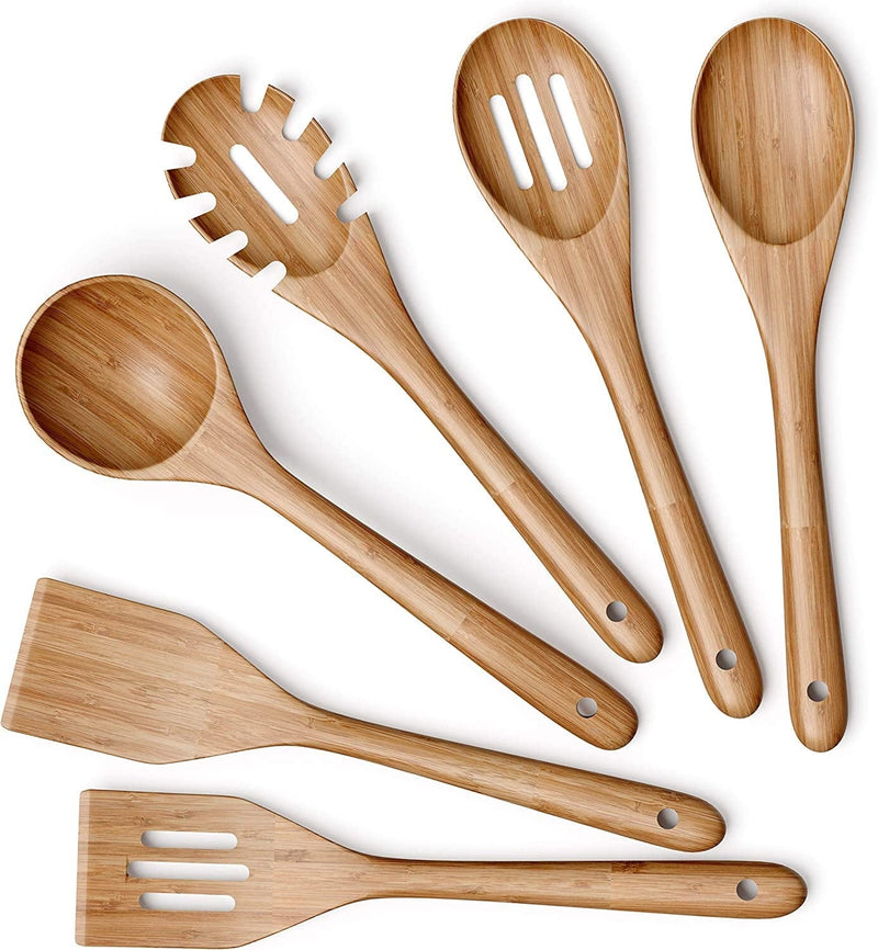 Wooden Kitchen Utensils Set - 6 Piece Non-Stick Bamboo Wooden Utensils for Cooking - Easy to Clean Reusable Wooden Spoons for Cooking, Spatula, Ladle, Turner & Pasta Server