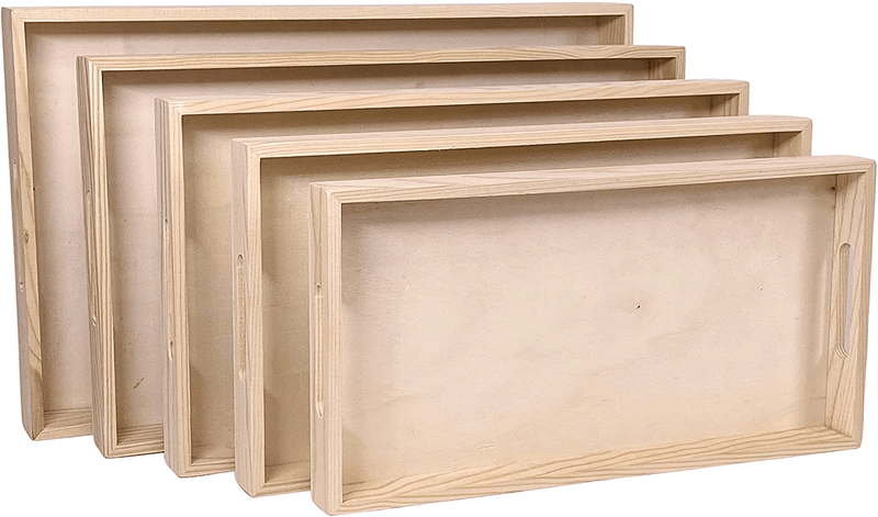 Wooden Living - Wooden Tray/Wood Trays | Serving Tray with Handles, Unfinished Large/Small - Montessori Crafts, Decor, Paint Craft Crates, Food, Kitchen Coffee Set [Bandejas de Madera para Desayuno] Home & Garden > Decor > Decorative Trays Wooden Living 5 Nested Rectangles  
